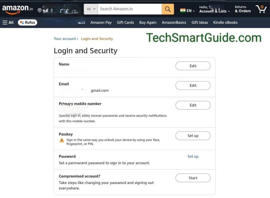 Screenshot of Web login to Amazon