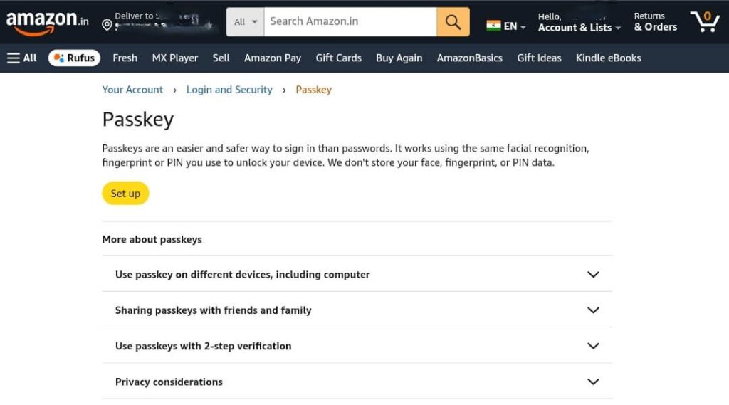 Amazon Passkey setup from web login
