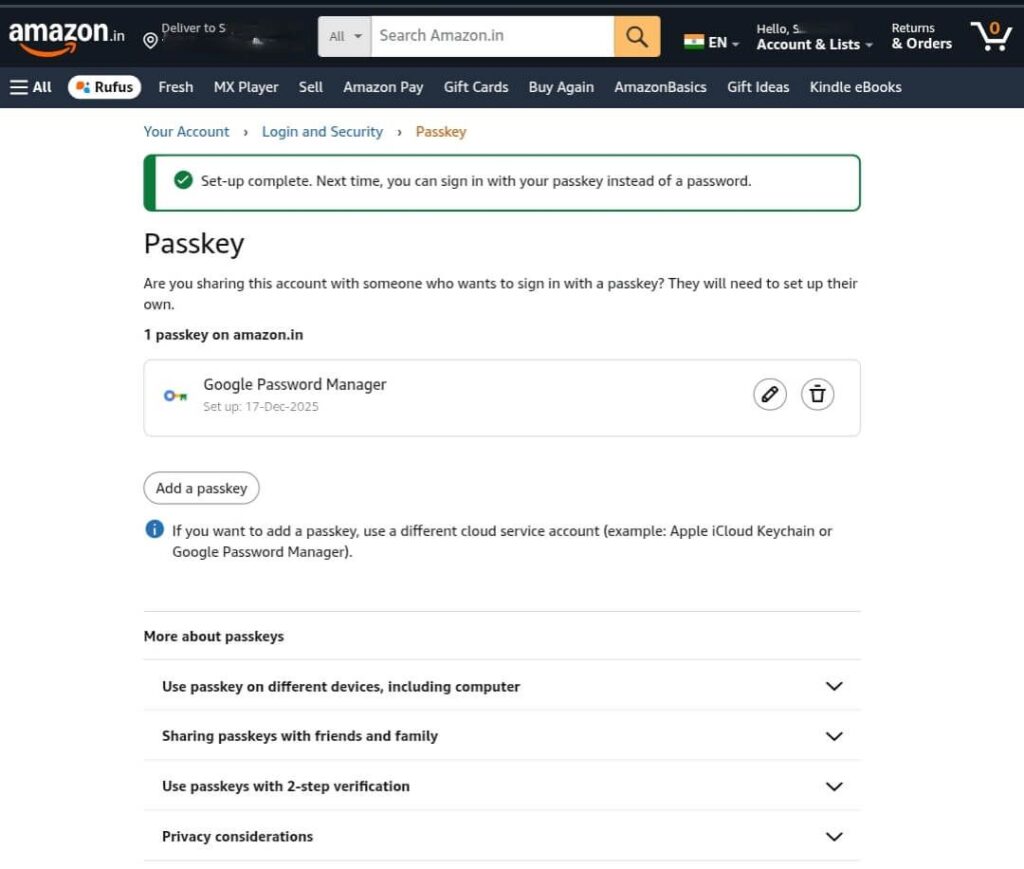 Amazon Passkey setup from web login