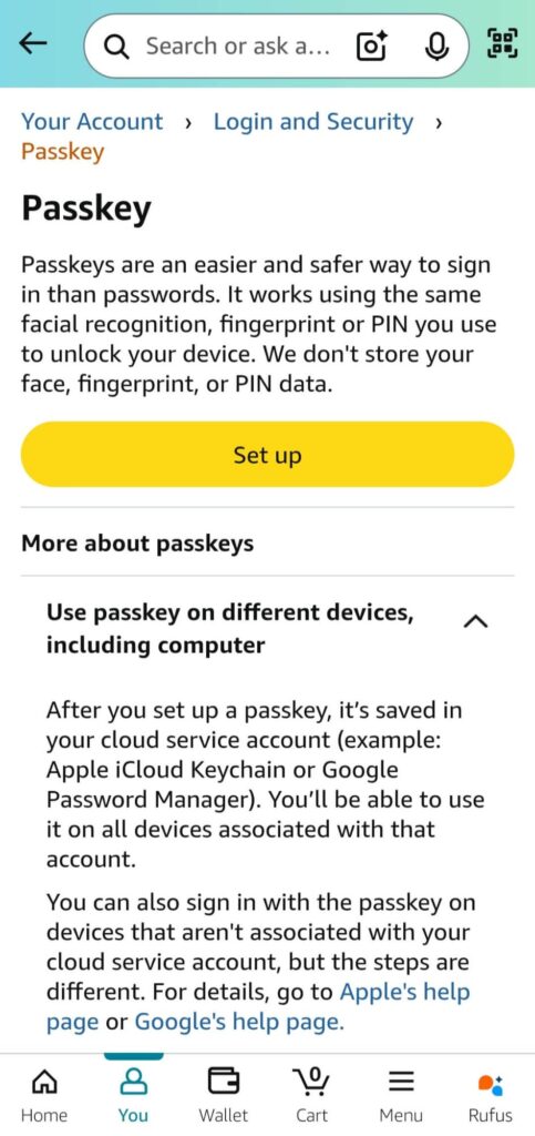 Amazon app Passkey setup 