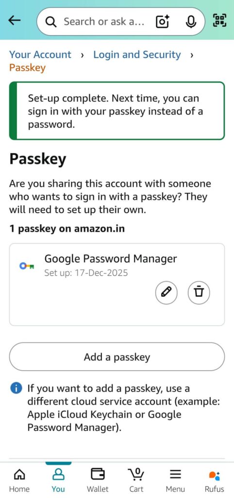 Confirmation of successful setup of Amazon Passkey 